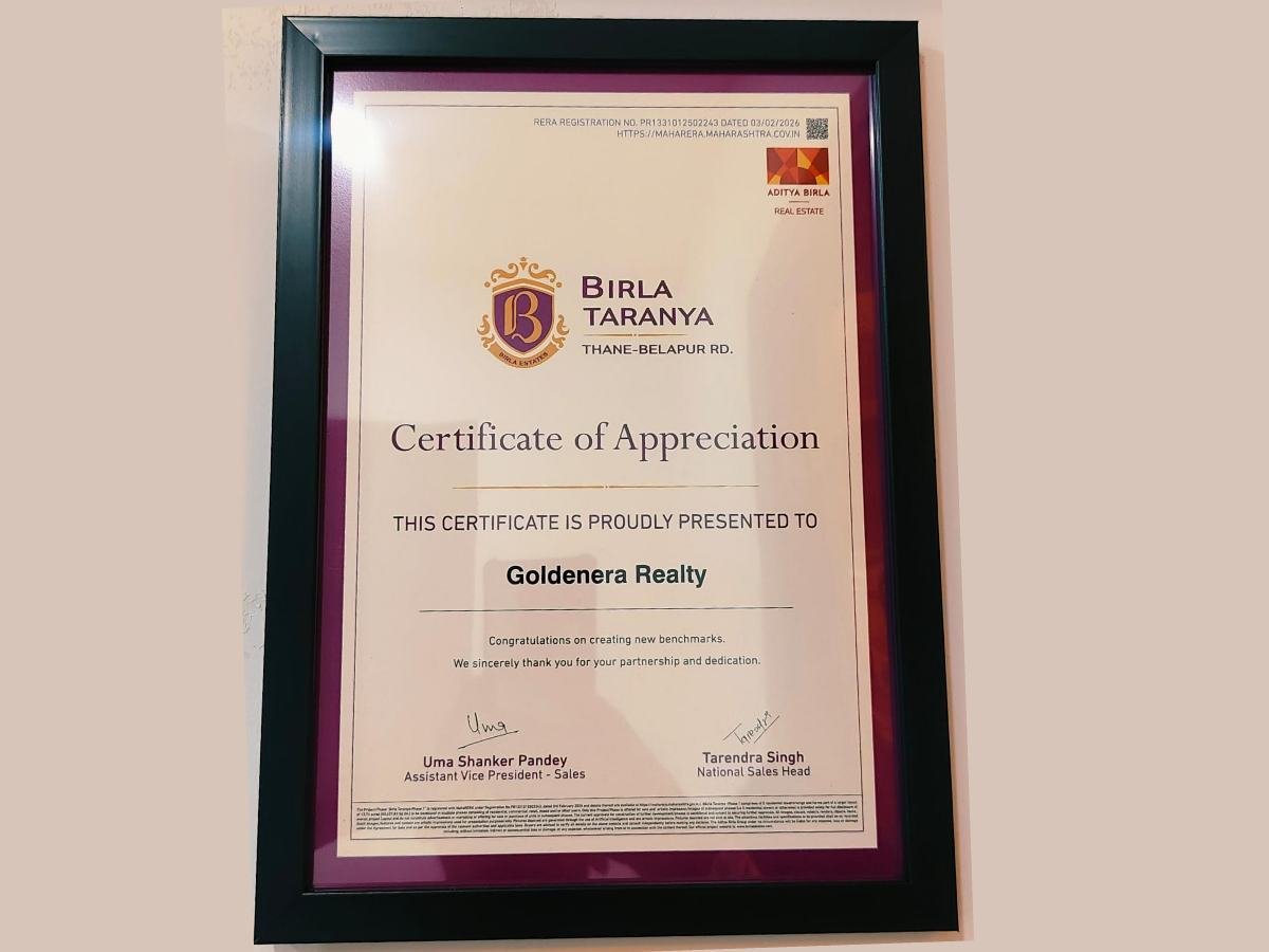Birla Taranya certificate of appreciation presented to Goldenera Realty