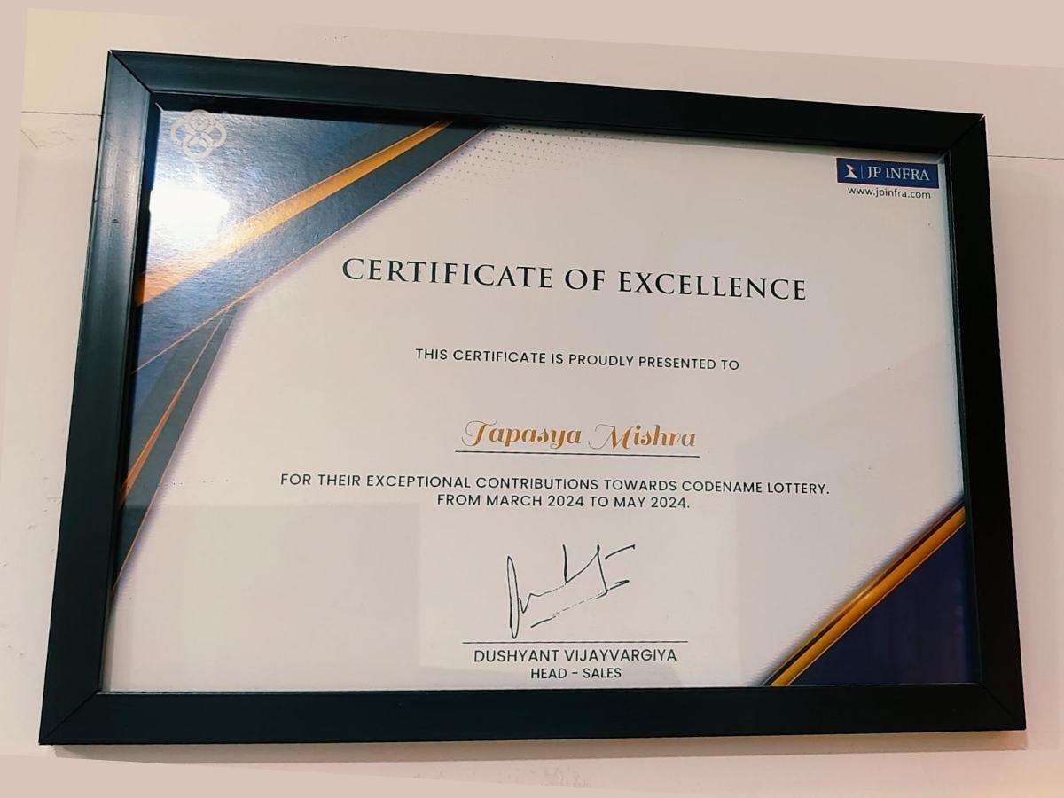 JP Infra certificate of excellence presented to Tapasya Mishra